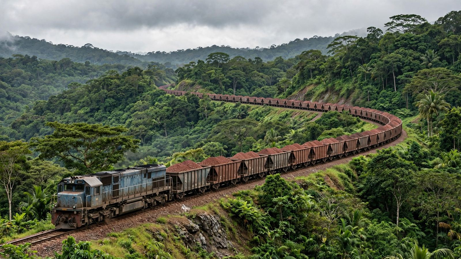 Generated image of an ore train on a forest railway; not a photograph of any project, place or person.