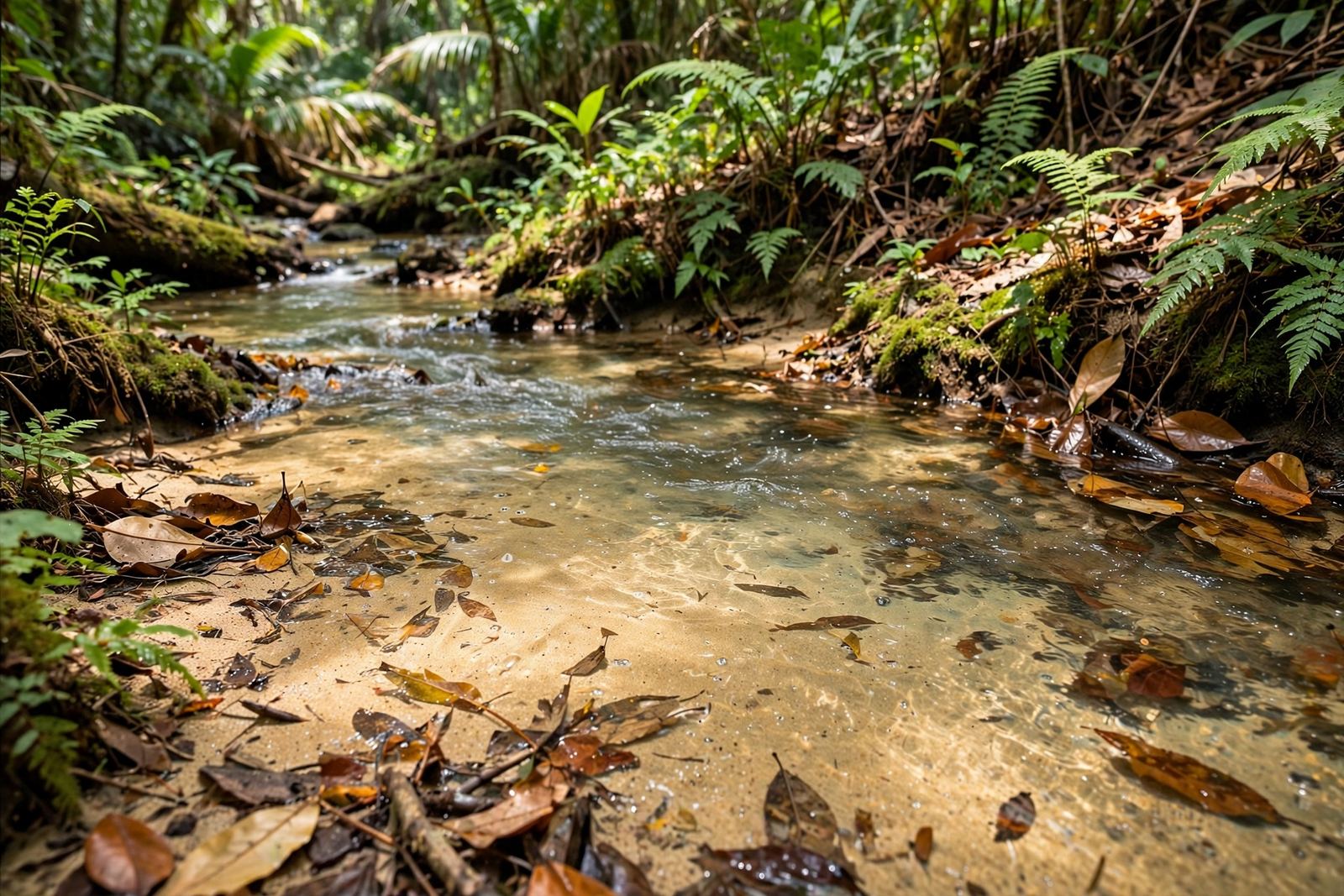 Image générée d'un petit cours d'eau forestier dans une forêt littorale humide ; il ne s'agit pas d'une photographie d'un projet, d'un lieu ou d'une personne réels.