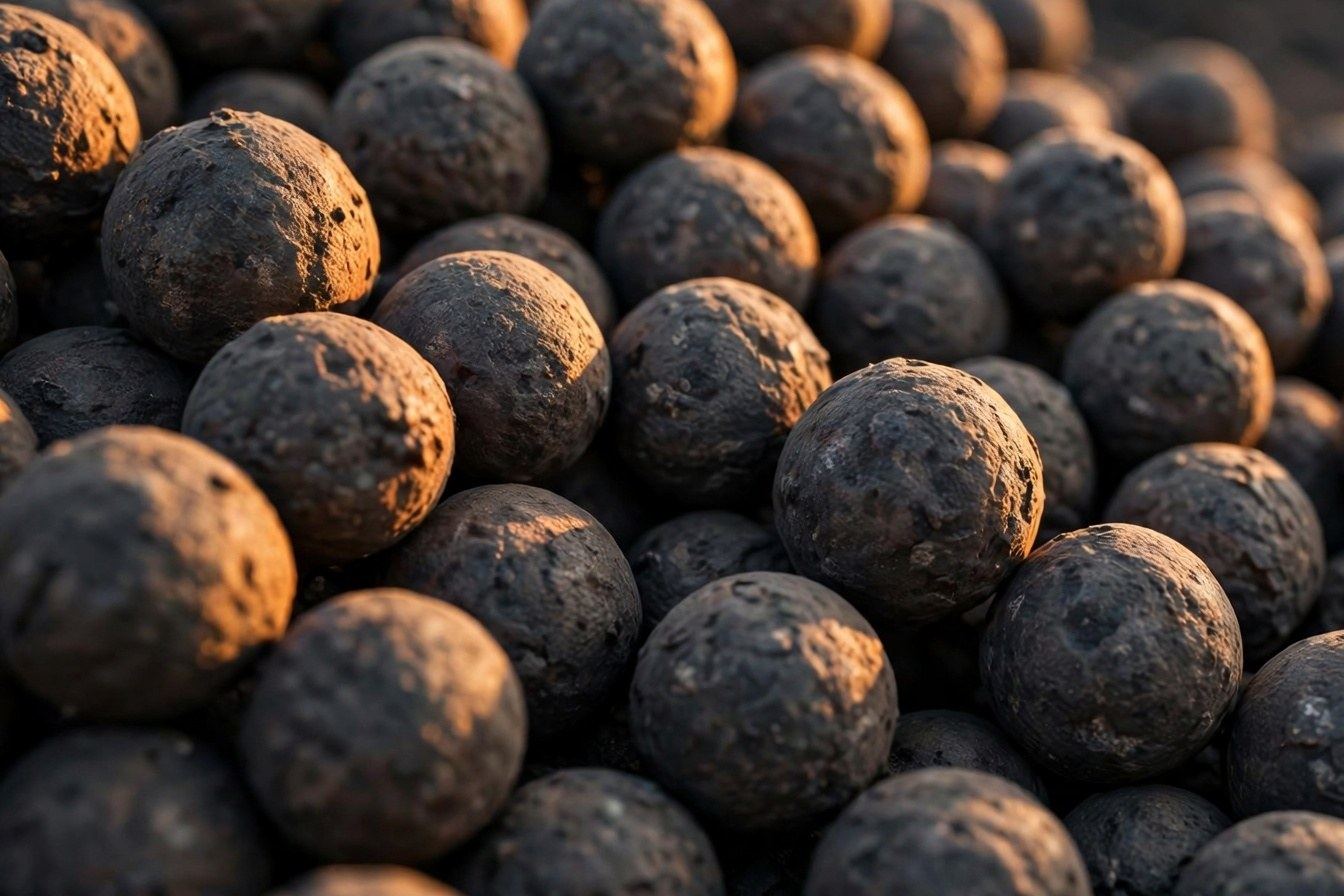 Generated image of iron-oxide pellets, the usual feed of a direct-reduction shaft furnace; not a photograph of any project, place or person.