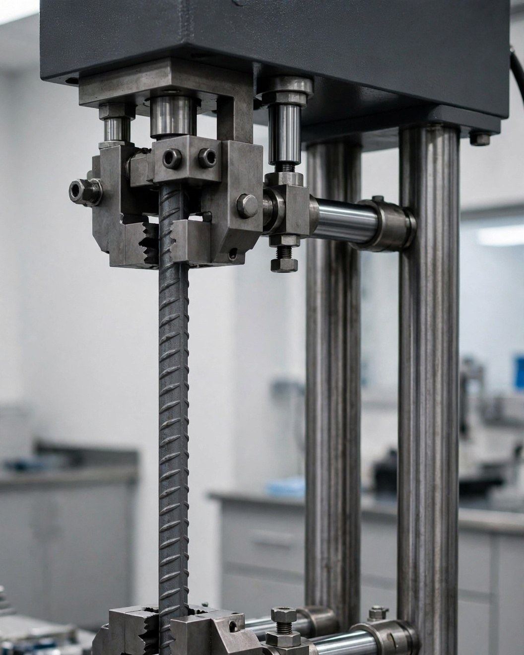 Generated image of a tensile test on a reinforcing bar; not a photograph of any project, place or person.