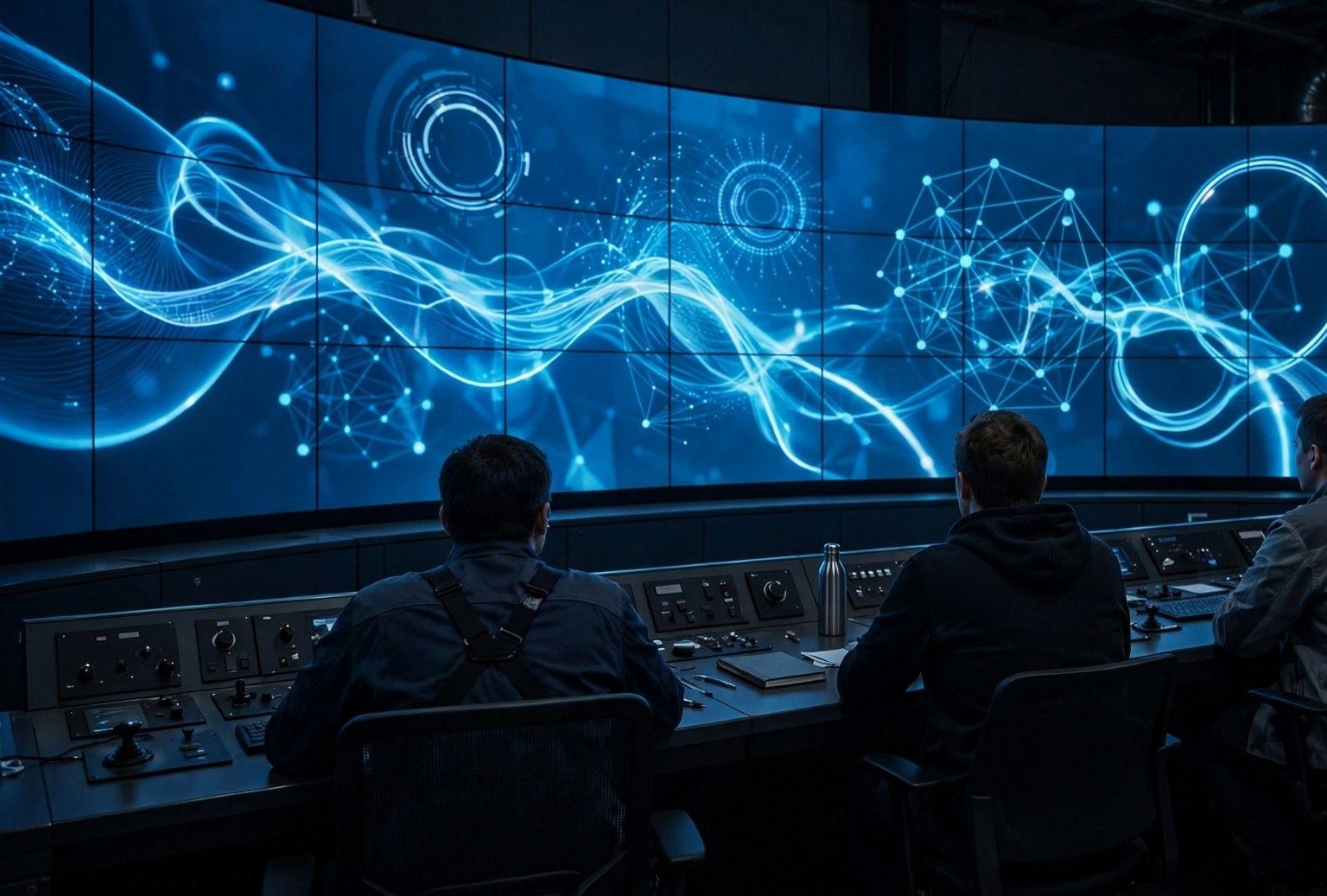 Generated image of the control room of a steel plant; not a photograph of any project, place or person.