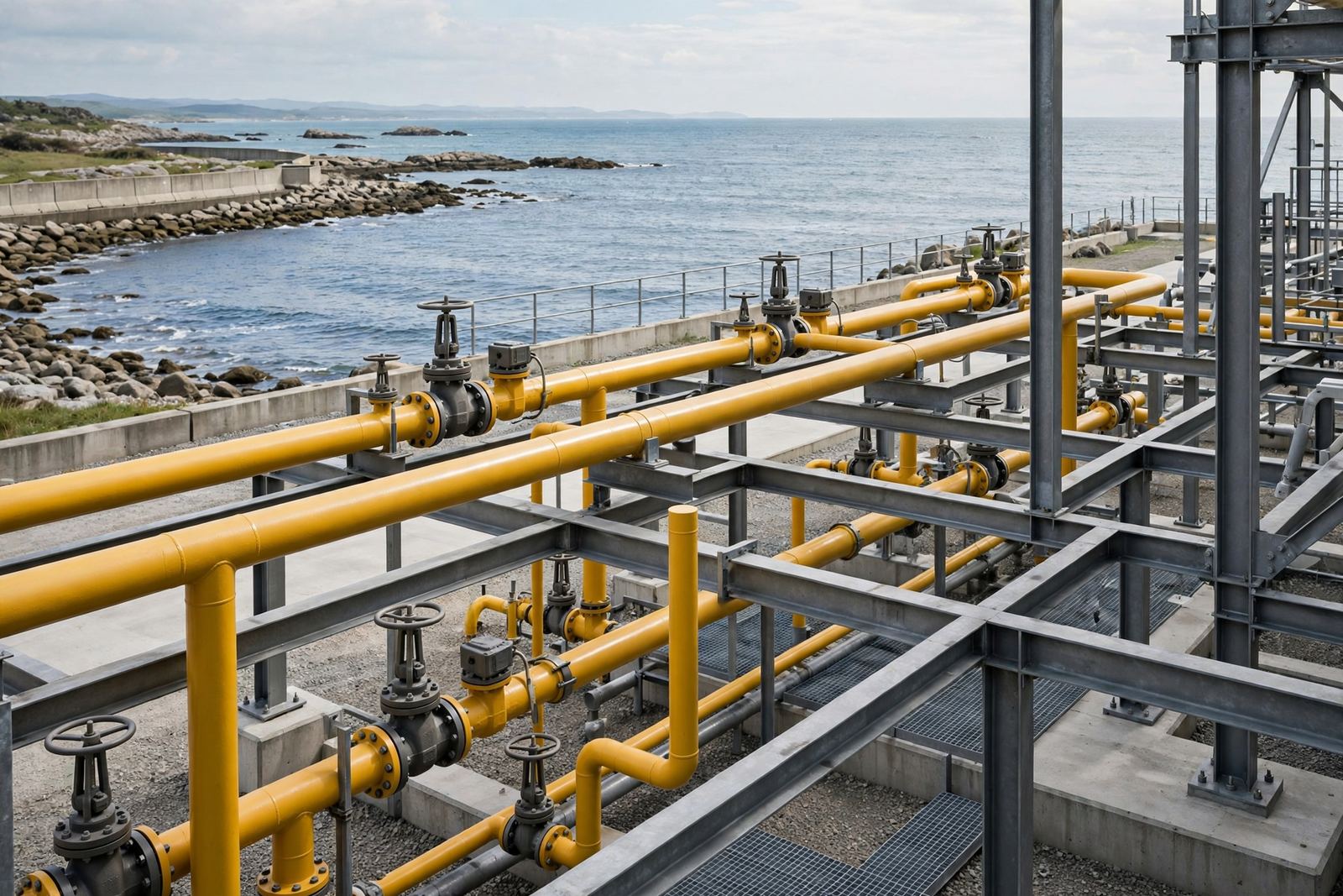 Generated image of a gas pipeline installation at a coastal facility; not a photograph of any project, place or person.