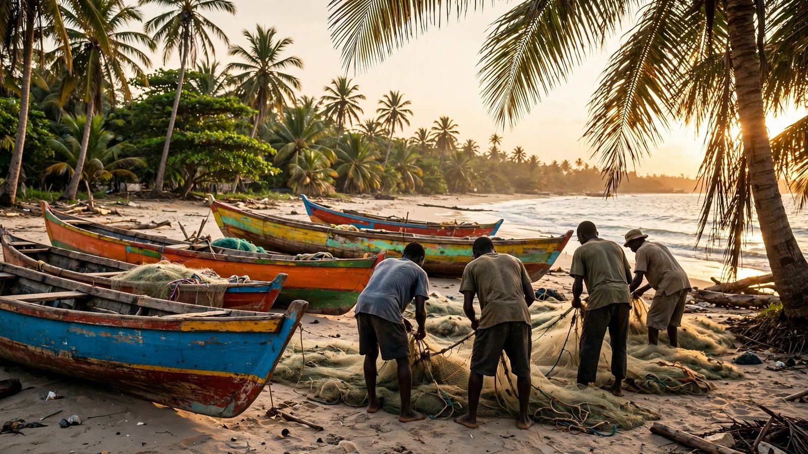 Generated image of fishing pirogues on a palm-lined beach; not a photograph of any project, place or person.