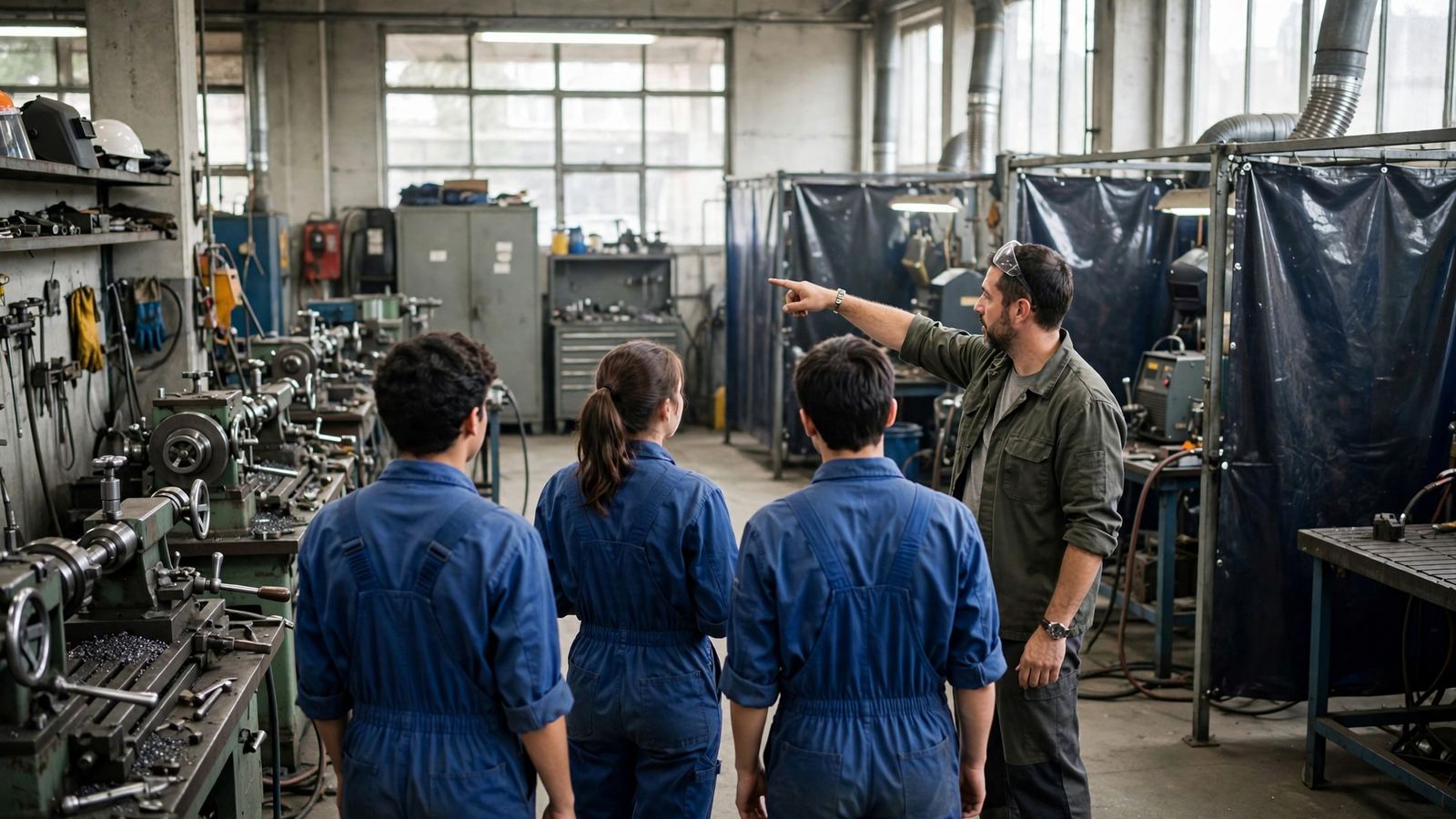 Generated image of trainees in overalls listening to an instructor in a technical workshop with lathes and welding booths; not a photograph of any project, place or person.