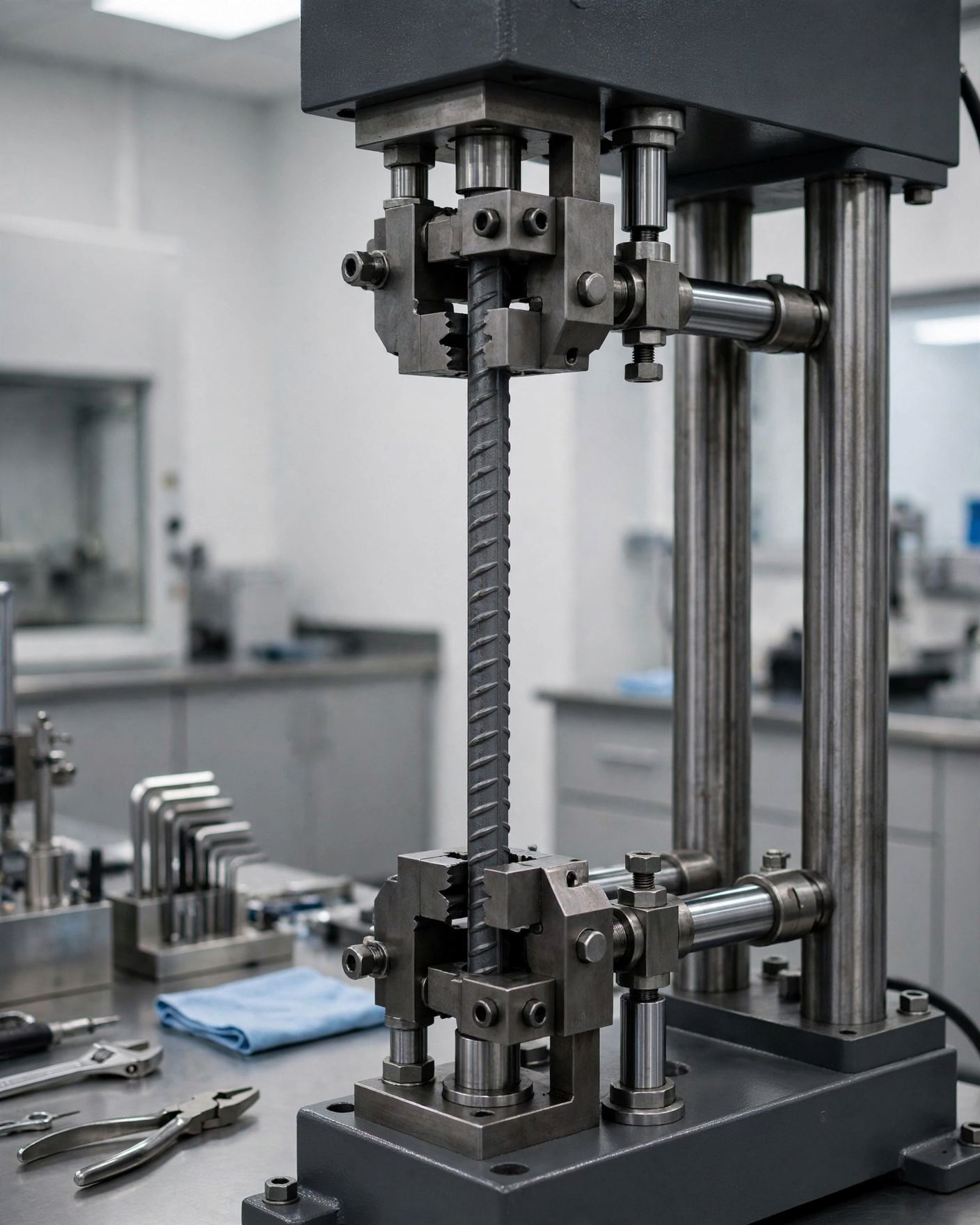 Generated image of a universal testing machine for tensile tests on reinforcing bars; not a photograph of any project, place or person.